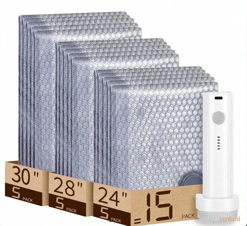 Wireless travel vacuum bag set, including rechargeable air pump
