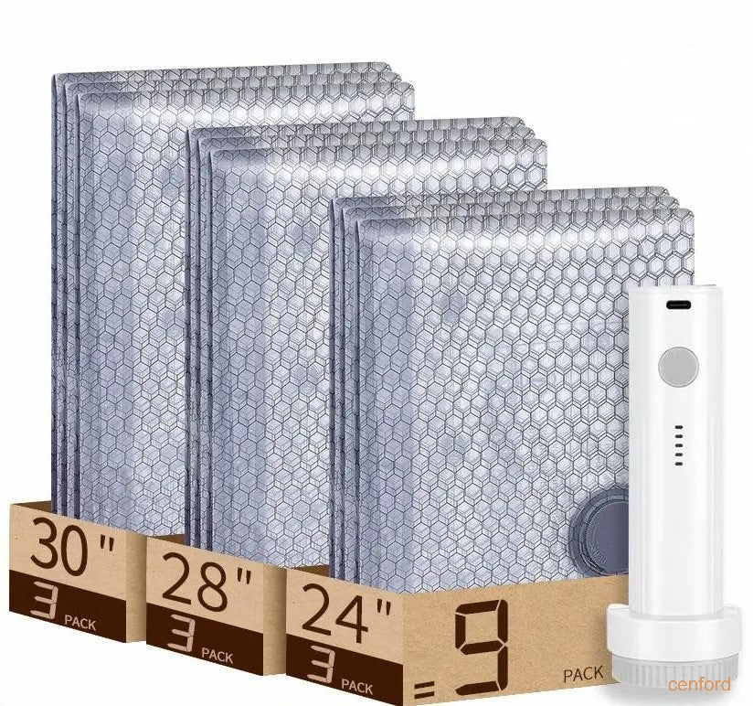 Wireless travel vacuum bag set, including rechargeable air pump
