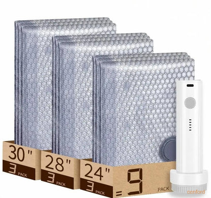 Wireless travel vacuum bag set, including rechargeable air pump