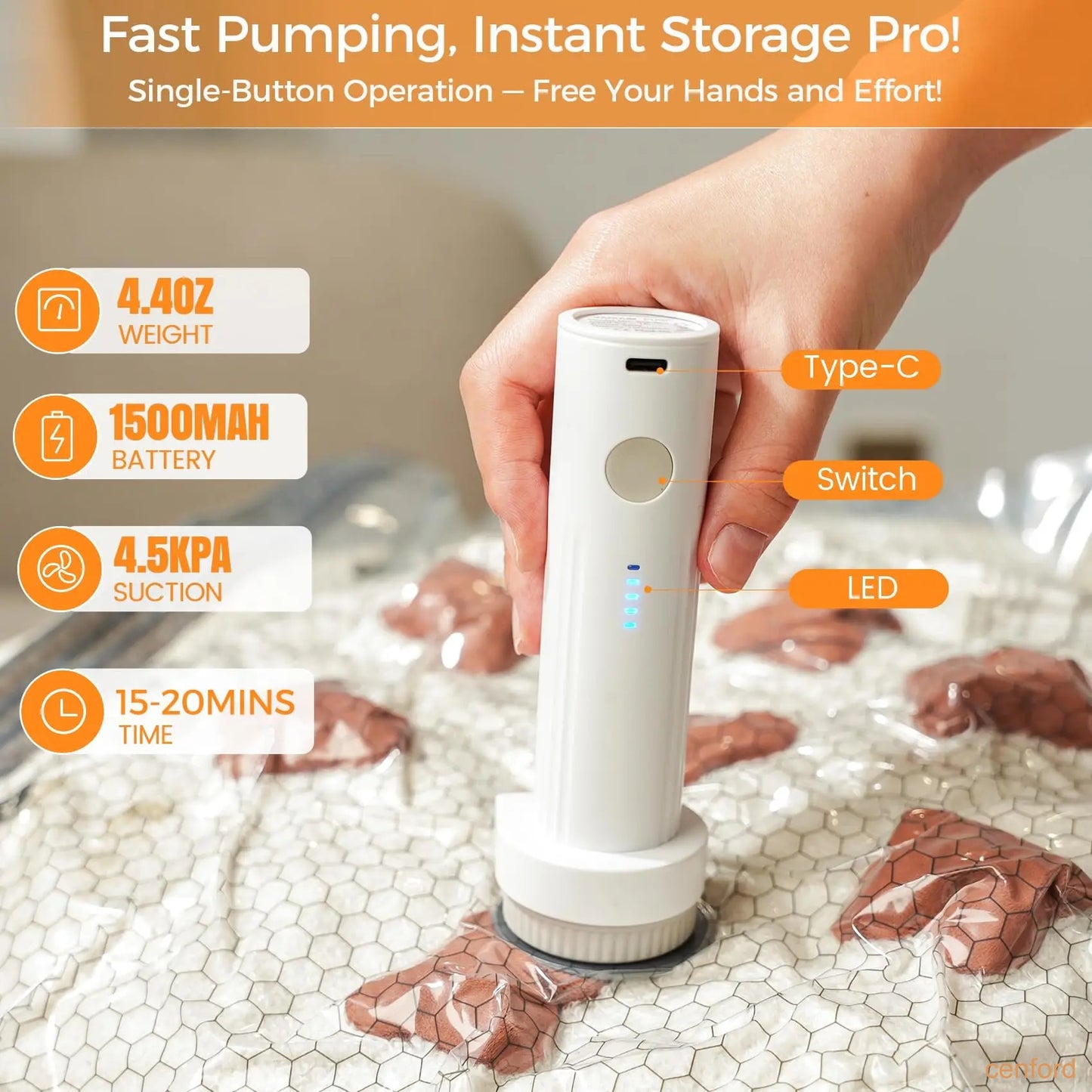 Wireless travel vacuum bag set, including rechargeable air pump