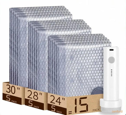 Wireless travel vacuum bag set, including rechargeable air pump