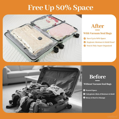 Wireless travel vacuum bag set, including rechargeable air pump