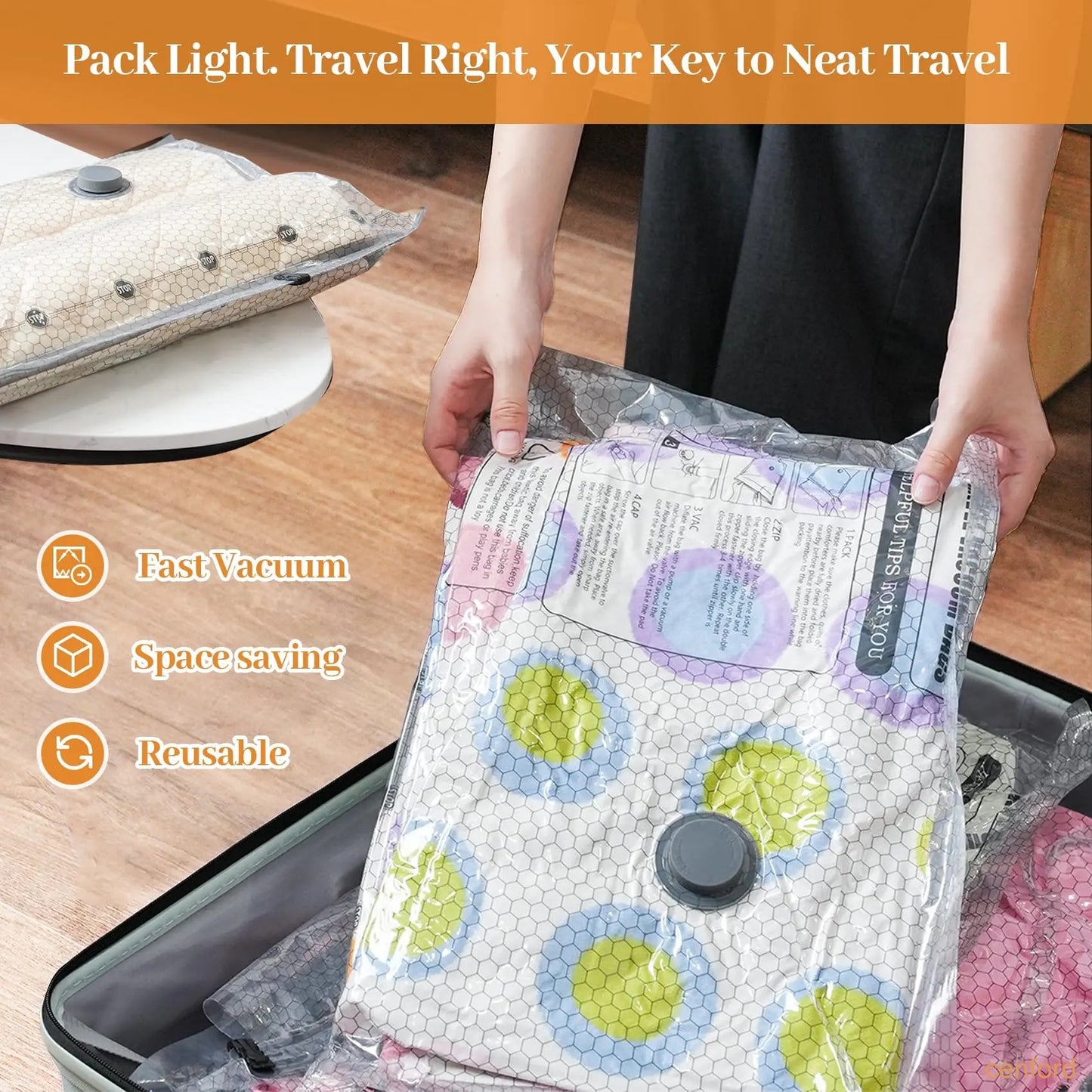 Wireless travel vacuum bag set, including rechargeable air pump