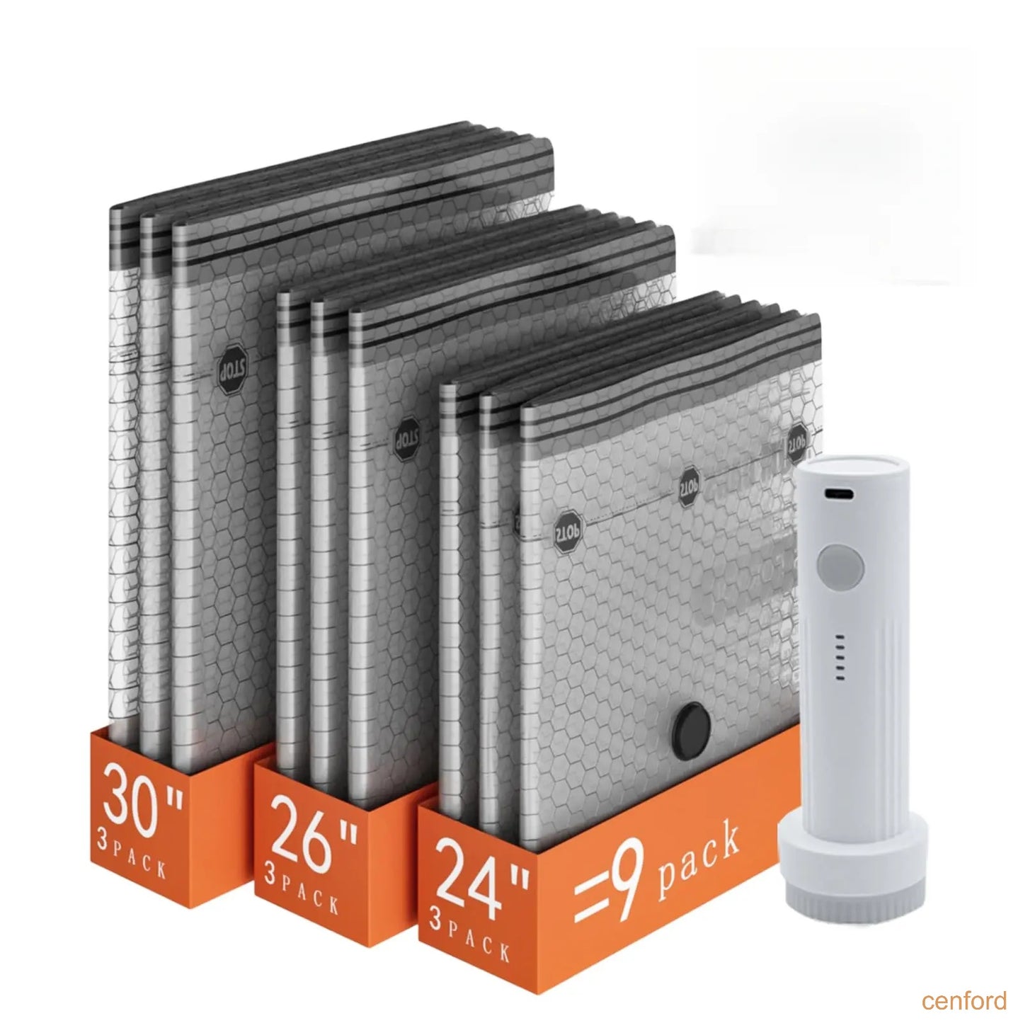 Wireless travel vacuum bag set, including rechargeable air pump